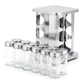 12 részes üveg fűszertartó készlet forgatható inox fém állvánnyal