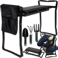 ​Összecsukható kerti térdelő kapaszkodóval, sámlivá és székké alakítható, kerti szerszámokkal és szerszámtartóval, fekete