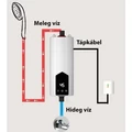 LED kijelzős átfolyós vízmelegítő zuhanyfejjel, 3,5 kW, konyhai vagy fürdőszobai bekötésre, gégecsővel, függőleges bekötéssel, falra szerelhető, RYK-006