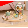 Fából készült játék teás készlet és süteménysziget 15 db kiegészítővel, süteményekkel, tortatartóval