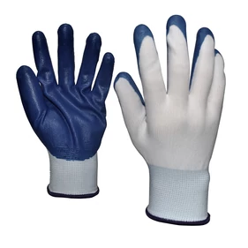 12 pár szerelőkesztyű, védőkesztyű, fehér, kék színű mártott tenyérrel, 10-es méret