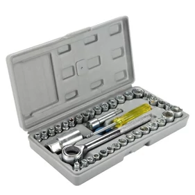 AIWA 40 részes racsnis dugókulcs készlet kiegészítőkkel, műanyag dobozban
