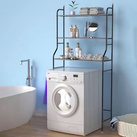 3 szintes fém polcrendszer, tároló, mosógép fölé, 152 cm, fekete