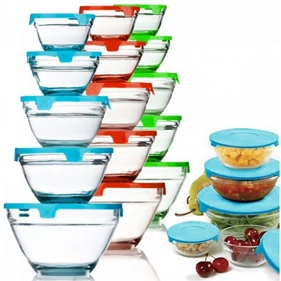 5 részes tálaló, üvegtál szett, műanyag fedőkkel