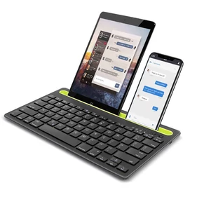 Univerzális kétcsatornás bluetooth billentyűzet telefon- és tablettartóval, fekete