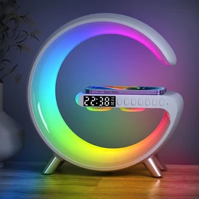 Multimédiás bluetooth hangszóró, vezeték nélküli QI töltőpad, RGB, LED relax lámpa, fehér