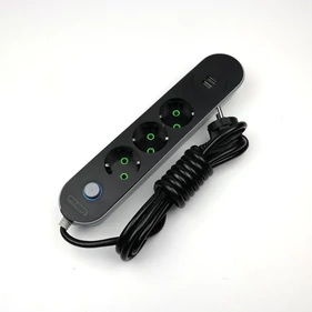 Kapcsolós hálózati elosztó 2db USB csatlakozóval és 3 db aljzattal, 1.8m vezetékkel