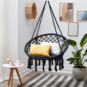 Makramé, fonott rojtos szövet függőszék, függőfotel, hintaszék - fekete