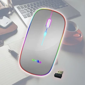 Akkumulátoros vezeték nélküli optikai egér, állítható dpi, RGB LED világítás, ezüst