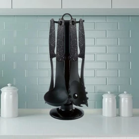 Royalty Line 7 részes konyhai tálalóeszköz készlet tartóállvánnyal, fekete