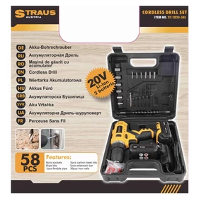 Értékcsökkent - Straus akkus fúrógép szett 2 db 20V-os Li-ion akksival + 58 db kiegészítővel ST/CD20-58L