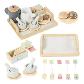 Fából készült teáskészlet gyermekeknek, tálaló készlet, kiegészítőkkel, fejlesztő játék 