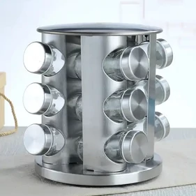 12 részes üveg fűszertartó készlet forgatható inox fém állvánnyal, kerek