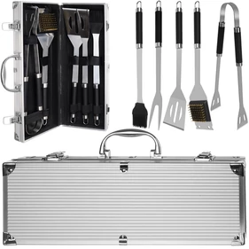 5 db-os grill eszközkészlet strapabíró fém kofferben, barbecue szett, 37x14x7 cm méretben