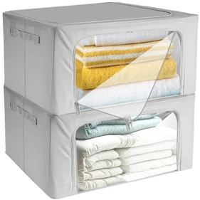 Ágynemű és textil rendszerező, szervező tárolódoboz, 2 darabos szett, 2x20 literes, 40x30x20 cm méretben, cipzáras, szürke