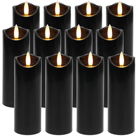 Fekete 12 darabos LED gyertya készlet valósághű lánggal beltéri és kültéri dekorációhoz