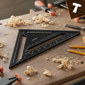 ​Alumínium ács szögmérő, ács vonalzó, ácsderékszög, 12" 90° és 45° 5 db ceruzával, fekete