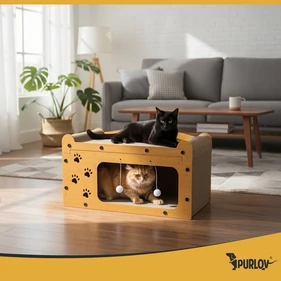 Emeletes macskabútor és kaparófa bújóval, játékokkal, stabil és csúszásmentes, extra erős hullámkartonból és farostlemezből, 29.5 x 56 x 27 cm, barna