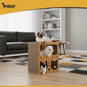 Emeletes macskabútor és kaparófa 3 bújóval, játékokkal, stabil és csúszásmentes, extra erős hullámkartonból és farostlemezből, 51,5x45x28 cm, barna