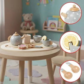 Fából készült teáskészlet gyermekeknek kiegészítőkkel, szürke-pasztell tálaló készlet, tálca, kanna és édességek