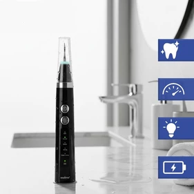 Ultrahangos fogkőeltávolító készülék, LED világítással és kijelzővel, 5 üzemmóddal, 3 fejjel, kiegészítőkkel, töltőkábellel, fekete