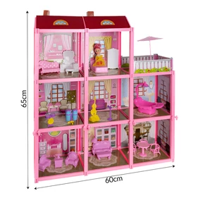 Háromszintes babaház erkéllyel, 22 kiegészítővel, 65 cm magas, 8 szoba, színes kialakítás, kreativitást és finommotorikát fejlesztő játék