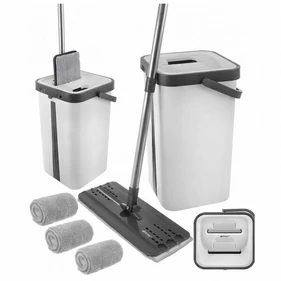 Kétkamrás lapos felmosó készlet, 11 literes vödör, 360° forgófej, 3 db mikroszálas betét, rozsdamentes acél nyél