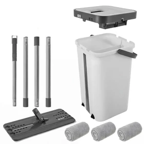 Kétkamrás lapos felmosó készlet, 11 literes vödör, 360° forgófej, 3 db mikroszálas betét, rozsdamentes acél nyél