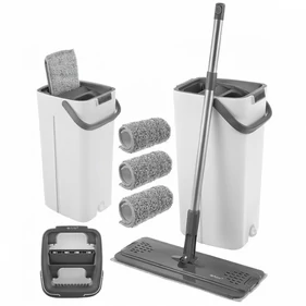Kétkamrás lapos felmosó készlet,  8,5 literes vödör, 360° forgófej, 3 db mikroszálas betét, rozsdamentes acél nyél