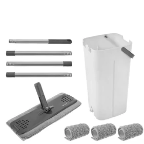 Kétkamrás lapos felmosó készlet,  8,5 literes vödör, 360° forgófej, 3 db mikroszálas betét, rozsdamentes acél nyél