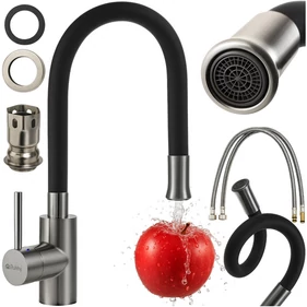 Flexibilis álló konyhai csaptelep 360°-os, flexibilis szilikon kifolyócsővel, állítható kifolyómagassággal, INOX csapteleppel, perlátorral szerelve