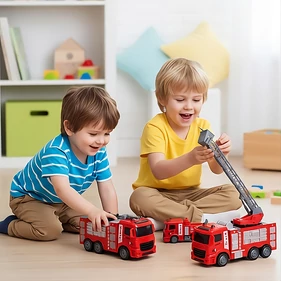 Tűzoltóautó készlet 6 különböző mentőjárművel mozgó elemekkel kreatív játék óvodás kortól vízágyúval, emelhető kosarakkal 