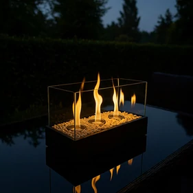 Szabadon álló BIO kandalló otthonra és teraszra, füstmentes, bioetanol bioüzemanyaggal működő, üvegfallal, hőtartó kavicsággyal, 45 x 30 x 21 cm, fekete