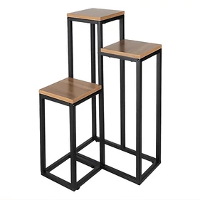 Háromszintes, stabil fém, loft stílusú, nyitott virágtartó, fekete, 15 kg teherbírással