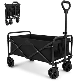 Fém vázas összecsukható szabadidő kocsi, összecsukható, víztaszító vászon szövetrekesszel, tárolózsebekkel, teleszkópos vonórúddal, négy kerekes, fekete