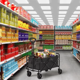 Fém vázas összecsukható szabadidő kocsi, összecsukható, víztaszító vászon szövetrekesszel, tárolózsebekkel, teleszkópos vonórúddal, négy kerekes, fekete