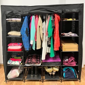 Hordozható gardrób, szövet ruhásszekrény, ruhatároló, 14 polcos, 170 x 170 cm - fekete