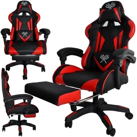 Gamer szék öko-bőr borítással, lábtartóval, 150 kg teherbírással, fekete-piros színben