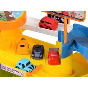 Ötszintes autós parkoló pálya gyerekeknek, interaktív garázs lifttel, autókkal és forgalmi kiegészítőkkel 