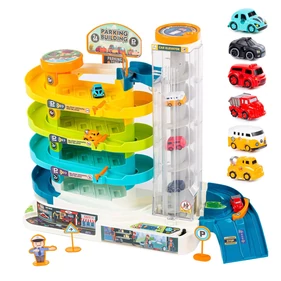 Ötszintes autós parkoló pálya gyerekeknek, interaktív garázs lifttel, autókkal és forgalmi kiegészítőkkel 