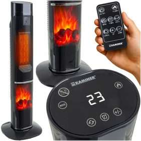 Oszlop alakú, LED lánghatásos, távirányítós, elektromos radiátor, 2000 W, állítható termosztáttal és időzítővel