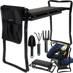 ​Összecsukható kerti térdelő kapaszkodóval, sámlivá és székké alakítható, kerti szerszámokkal és szerszámtartóval, fekete