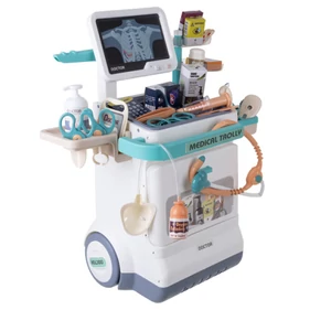 Gyermek orvosi készlet kerekes kocsival ECG és röntgen panellel hang és fényhatásokkal 26 darabos interaktív orvosi állomás 