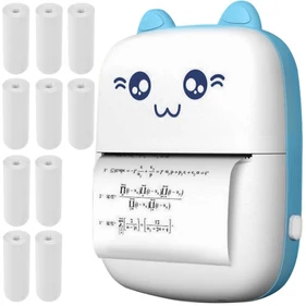 Mini hőpapíros nyomtató, Bluetooth kapcsolattal, USB csatlakozással, 10+1 tekercs papírral, cicamintás, kék-fehér színben