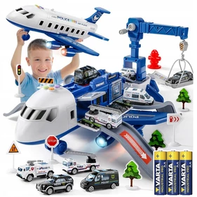 Interaktív rendőrségi repülőjáték készlet nyitható oldalú repülővel, forgatható daruval és 4 rendőrautóval