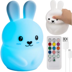 Rabbit LED interaktív színváltó RGB nyuszi formájú éjszakai lámpa gyerekeknek, távirányítható fényjáték és időzítő funkcióval, szilikon 