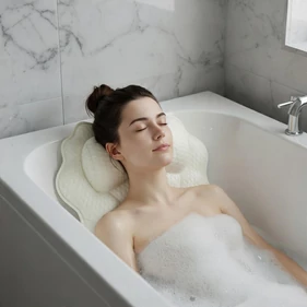 Relaxációs fürdőkád párna, ergonomikus nyaktámasz 6 tapadókoronggal, 3D légáteresztő mesh technológia, gyorsan száradó kialakítás
