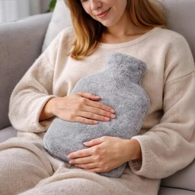 Nagy méretű hőtartó gumi palack puha szürke plüss huzattal, izomlazításhoz, hasi görcsök és megfázás enyhítésére, mosógépben mosható huzattal, 1,8L