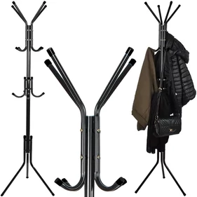 Álló, fém ruhafogas, kabát akasztó 12 db kampóval, 3 szintes, 175 cm magas, fekete színben