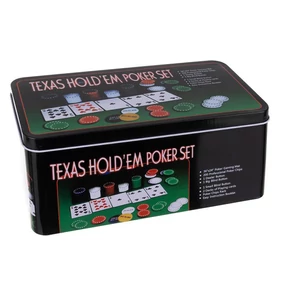 Texas Hold&#039;Em póker szett, fémdobozban, 200 zsetonnal, 2 pakli kártyával, asztali játékszőnyeggel